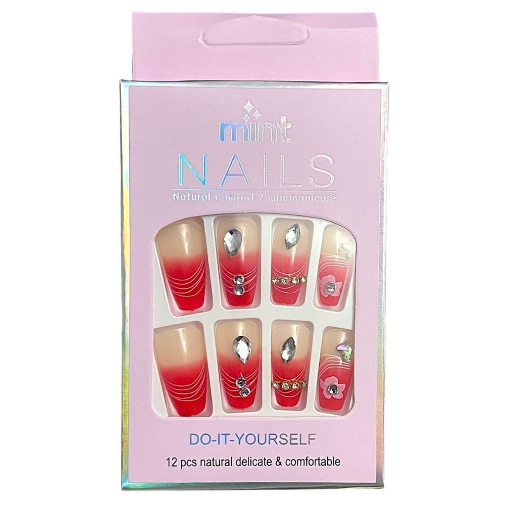 Press On Nails Red And Beige And Rhinestones Coffin Shape
